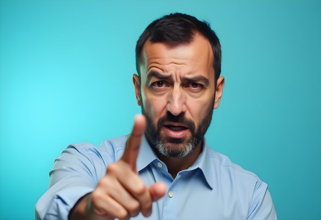 displeased african man gesturing no with finger light background